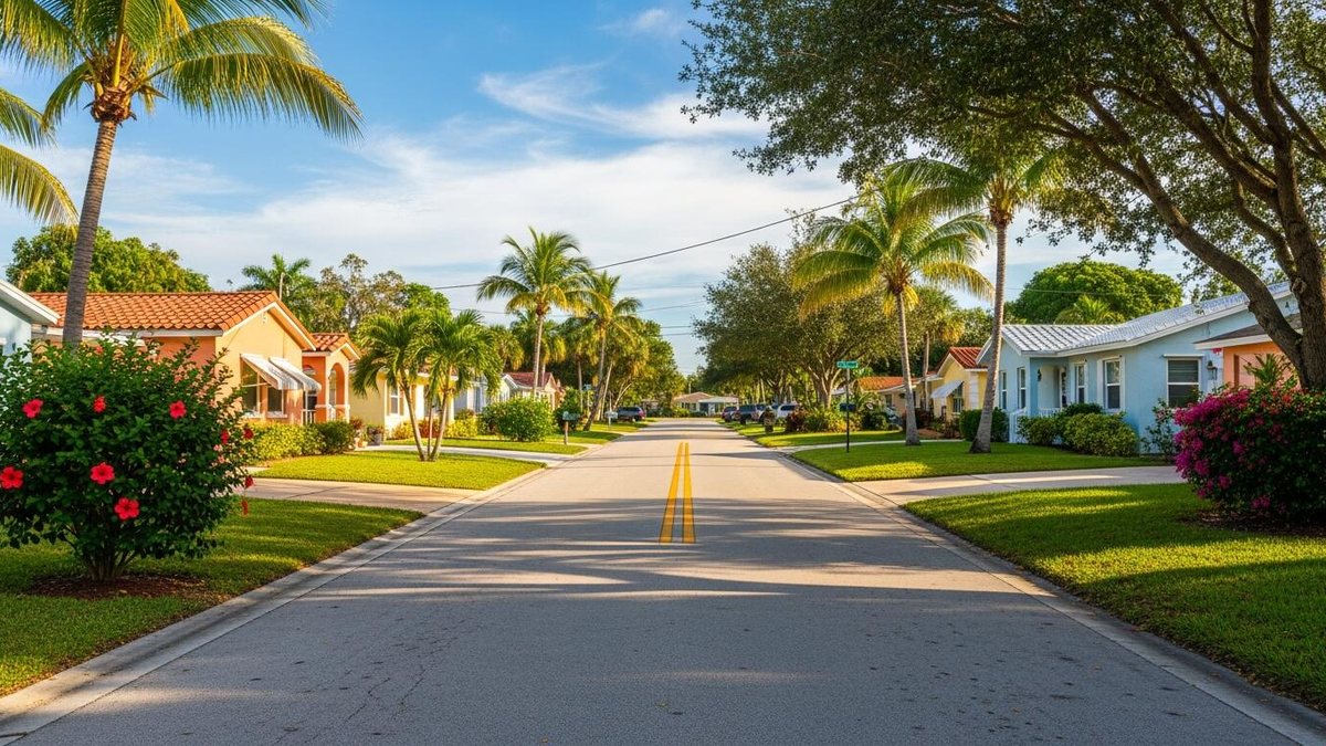 A residential street in the Village of Palm Springs, lined with palms and hibiscus