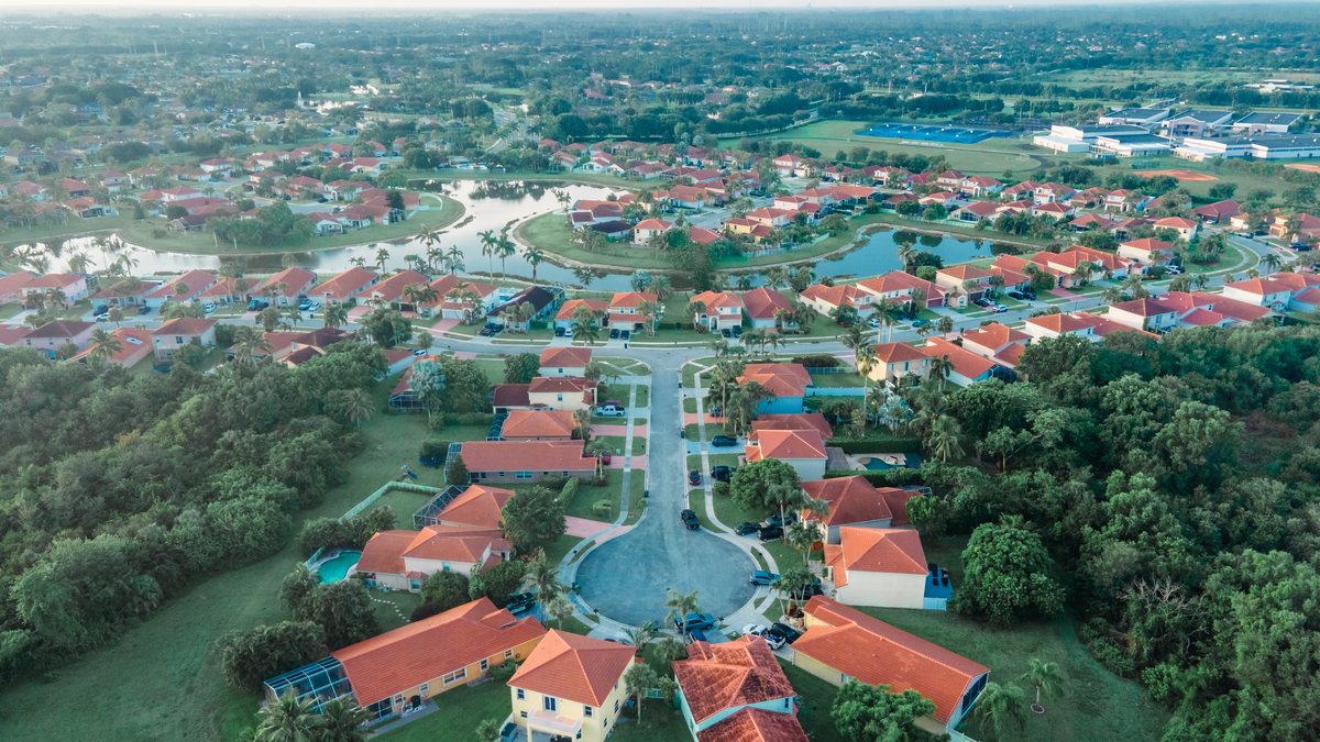 A Wellington neighborhood of tile-roofed homes from the air