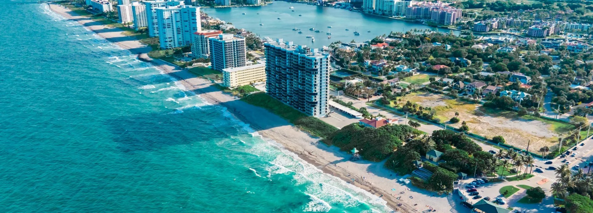 Aerial view of the Palm Beach County coastline, with the Atlantic, the beach, oceanfront towers and the Intracoastal Waterway